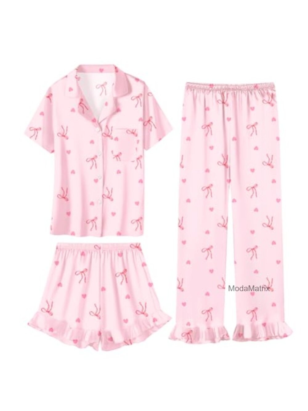 Girls 3 Piece Pajama Set Satin Spandex Ruffle Sleepwear Button Down